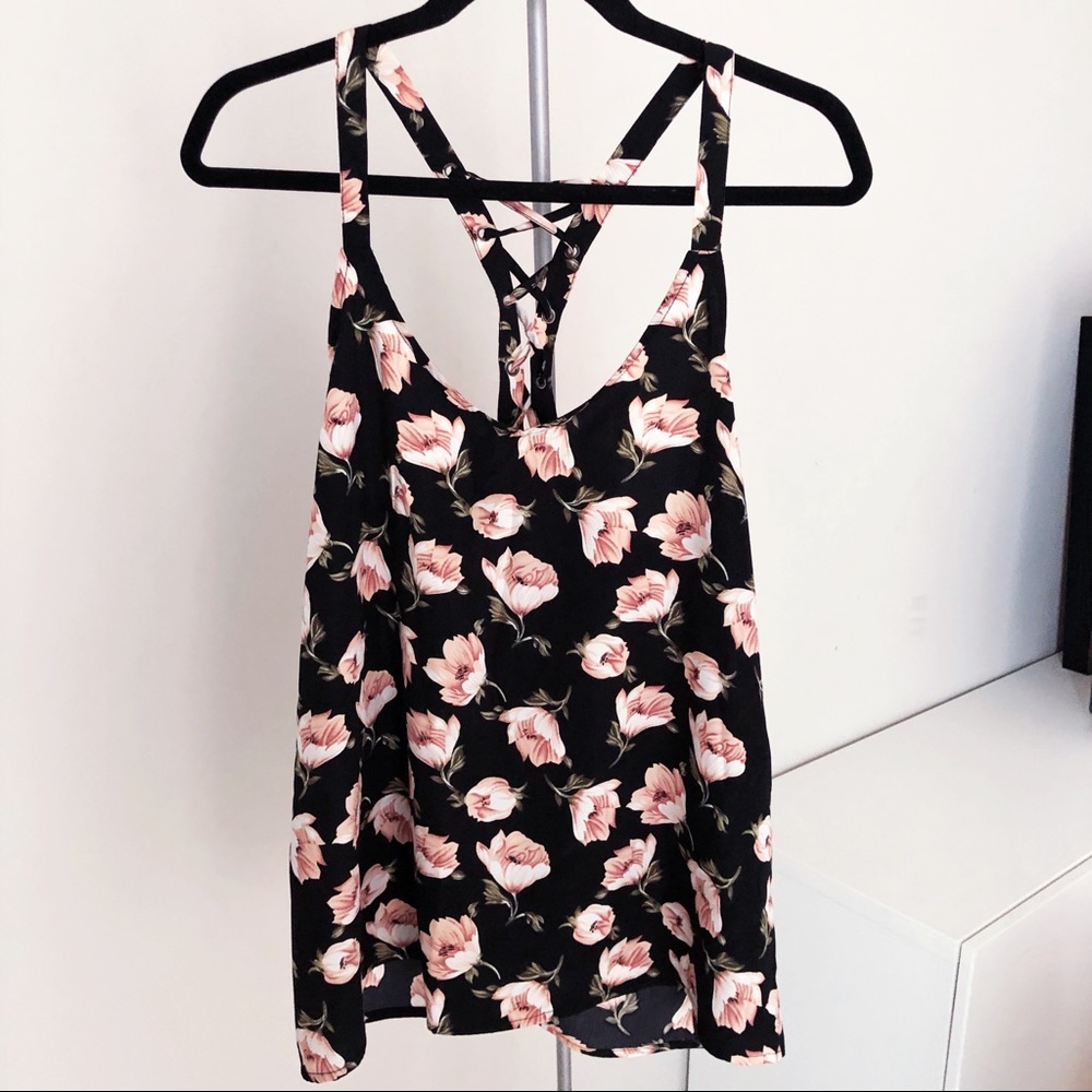 NWOT Black Pink Rose Floral Sleeveless Tank Blouse